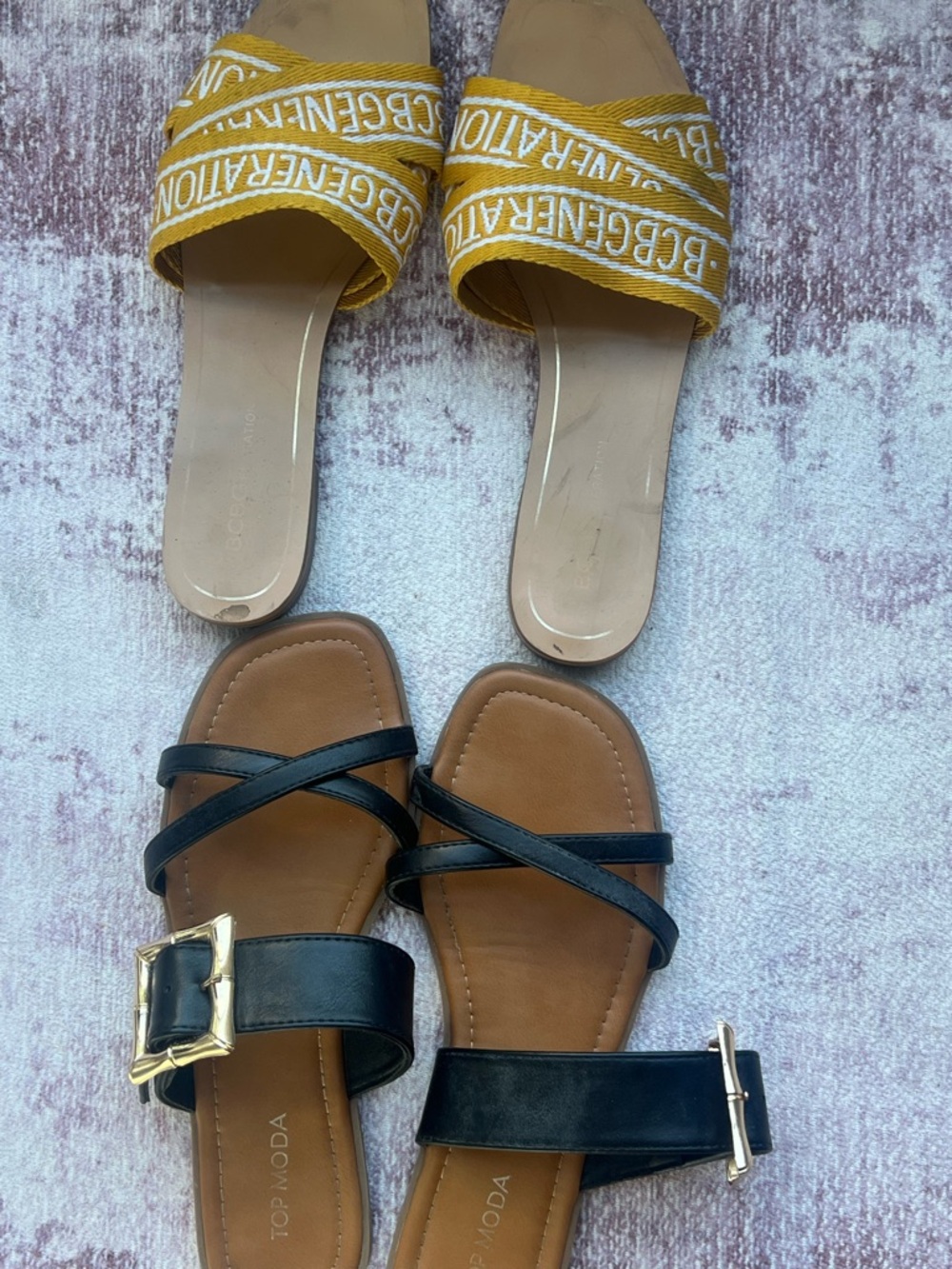 TOP  Moda Black Strappy Sandals with Gold Buckles & Mustard Slide Pair from BCBG
